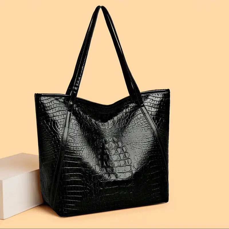 Black Crocodile Print PU Tote Bag for Women