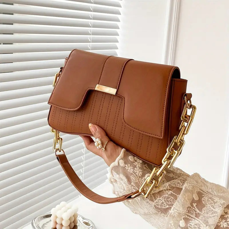 Leather Shoulder Bag with Buckle Closure