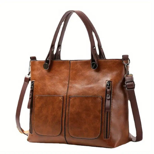 Elegant Women's Tote Bag in Deep Brown Faux Leather -