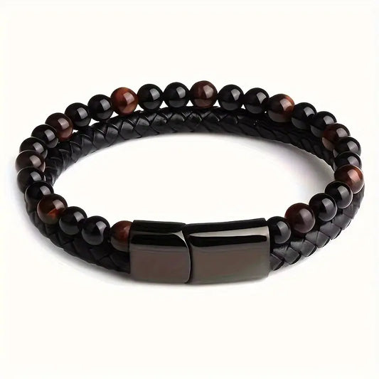 Natural Stone Double Layer Faux Leather Bracelet,