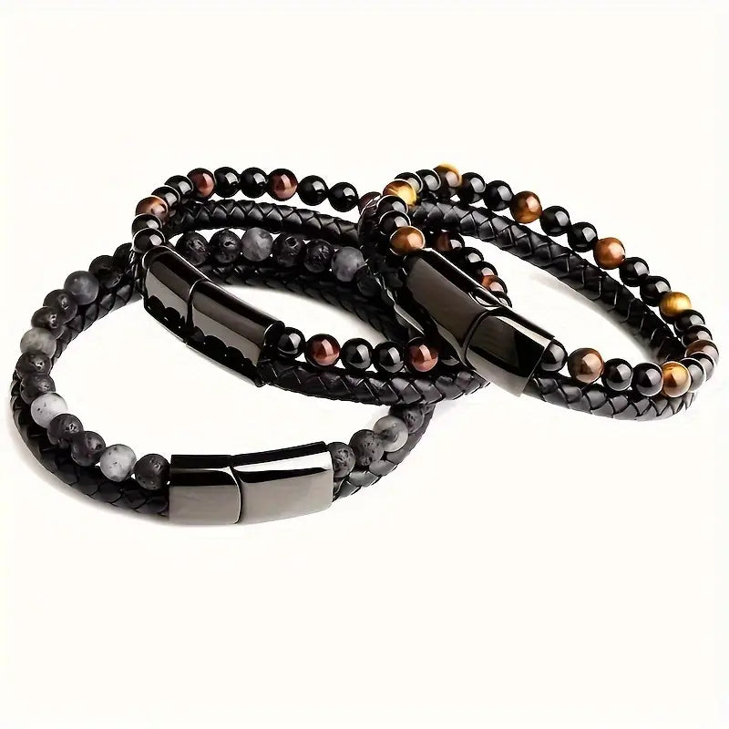 Natural Stone Double Layer Faux Leather Bracelet,